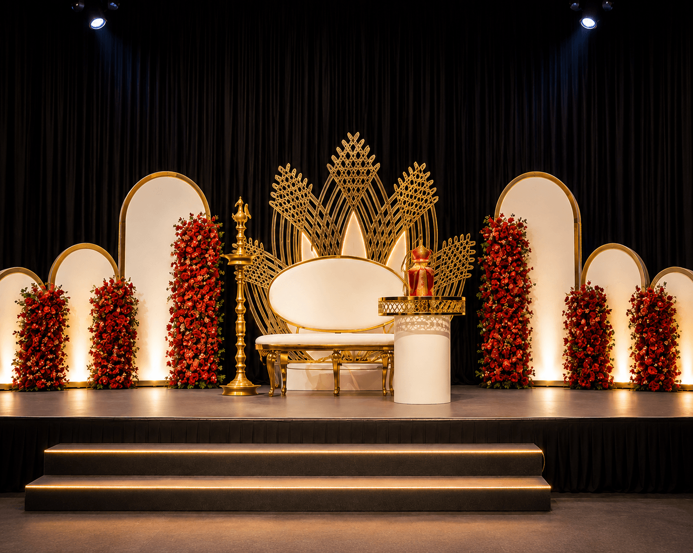 Gold and red floral wedding reception stage with an ornate backdrop, styled by Momentz Events