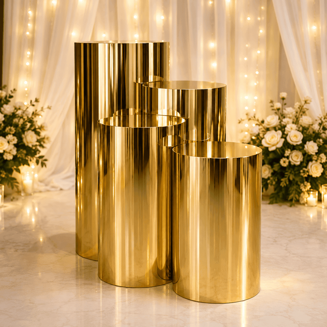 Cylindrical Golden Metal Plinth - PLINTHS Hire Brisbane