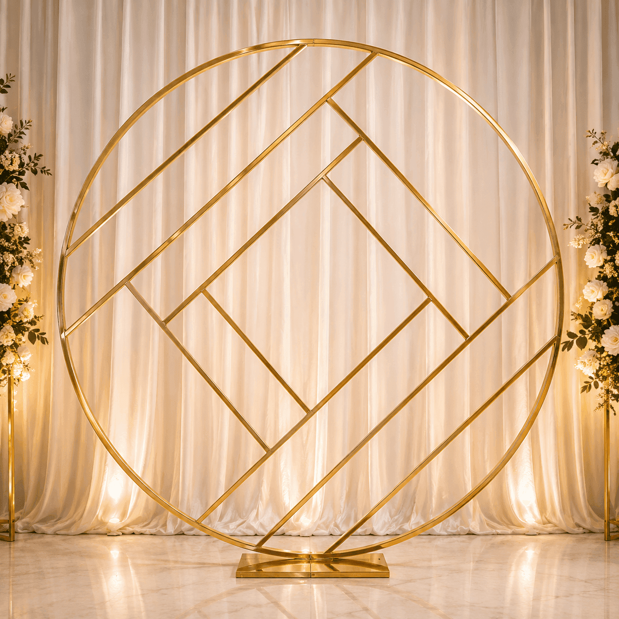 GOLDEN STAINLESS STEEL CIRCLE BACKDROP - BACKDROPS Hire Brisbane