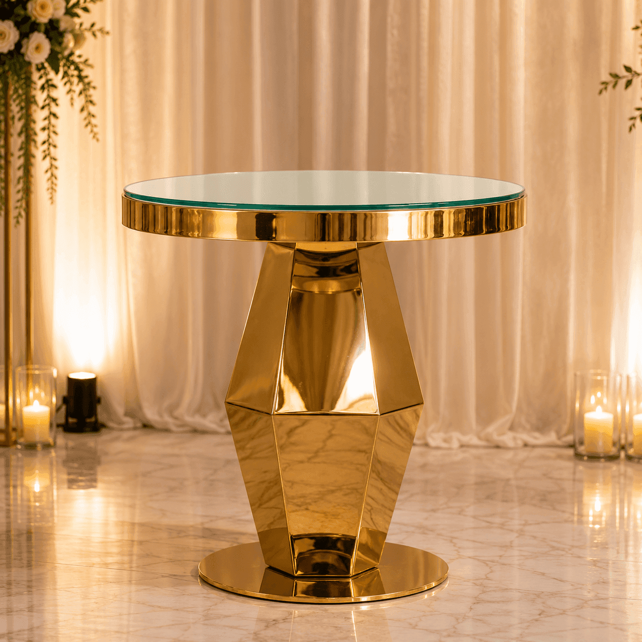 Golden Cake Table with Glass top - PLINTHS Hire Brisbane