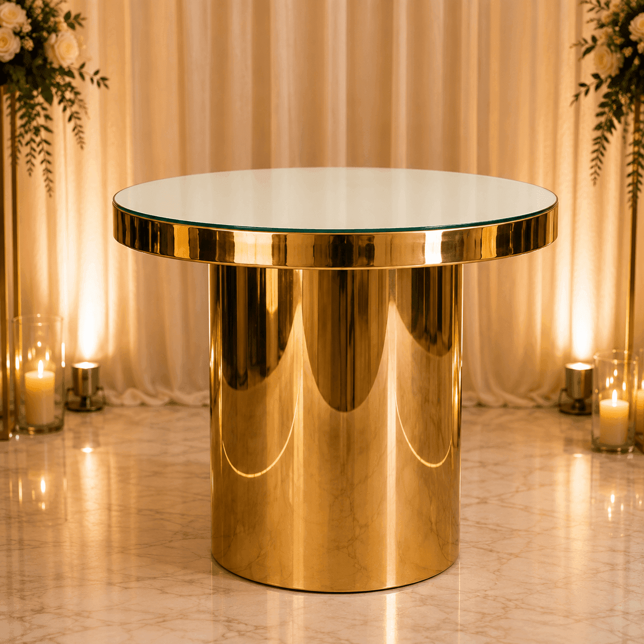 Golden Round Cake Table - PLINTHS Hire Brisbane